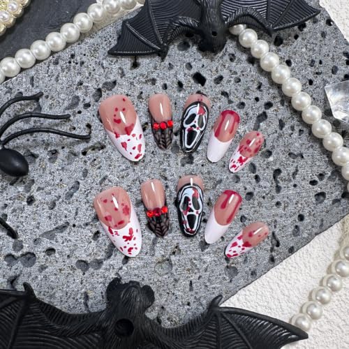 Halloween Press On Nails Almond Bloody French Tip Spider Web Ghost Set - Colorful 9