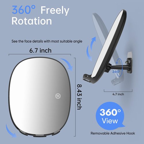 COSMIRROR Heated Shower Mirror Fogless for Shaving, Fog Free Shaving Mirror with 2 Razor Holders, Rechargeable No Fog Mirror for Shower, 360° Adhesive Mounted Steam Free Shower Mirror Without Light
