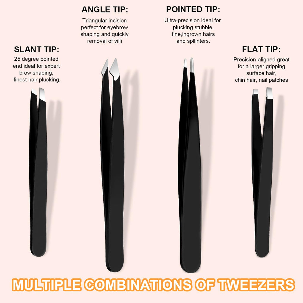 Yougai Tweezers Set,9 Pcs Professional Stainless Steel Eyeberow Tweezer Kit for Women and Men, Great Precision Tweezers No Gaps with Leather Travel Case
