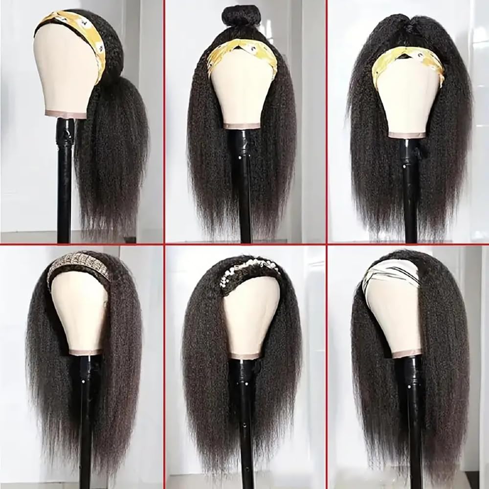 Zealady Kinky Straight Human Hair Headband Wig - 12A, 180 Density, Yaki Straight, Glueless, Half Wig for Black Women - 12 inch