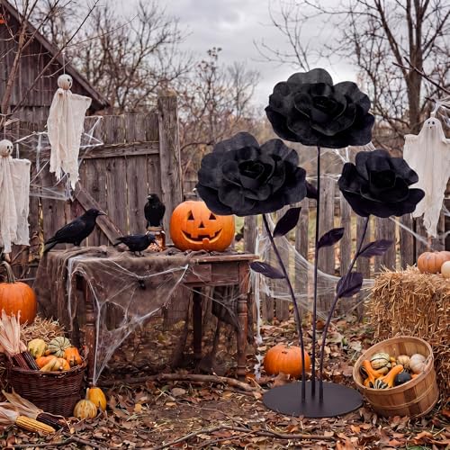 Giant Black Artificial Roses Set of 3 - Velvet Halloween Gothic Decor, 12-20 Inch Variation of Velvet Rose / Black