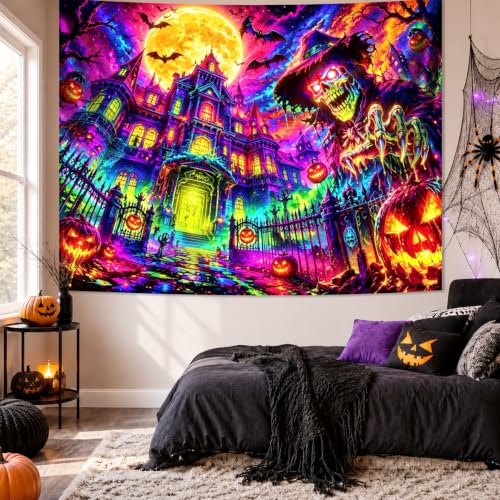 Halloween Skeleton Manor Blacklight Tapestry - 90x70 Inches Glow-in-The-Dark Wall Hanging