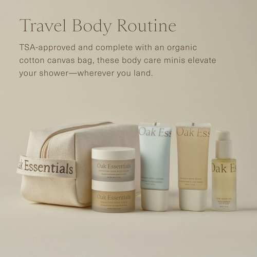 Oak Essentials Travel Body Routine - TSA-Friendly Mini Body Care Set with Wash, Scrub, Lotion & Balm