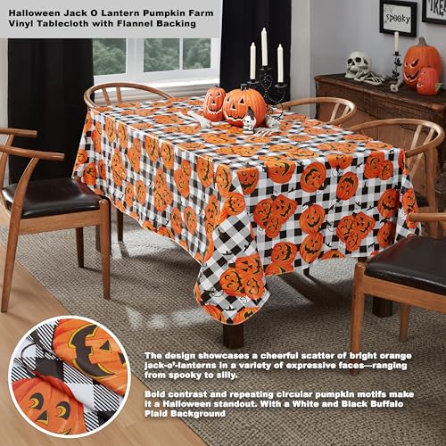 Halloween Jack O Lantern Vinyl Rectangular Tablecloth 60x120 Inches with Flannel Backing - Rustic Fall Decor