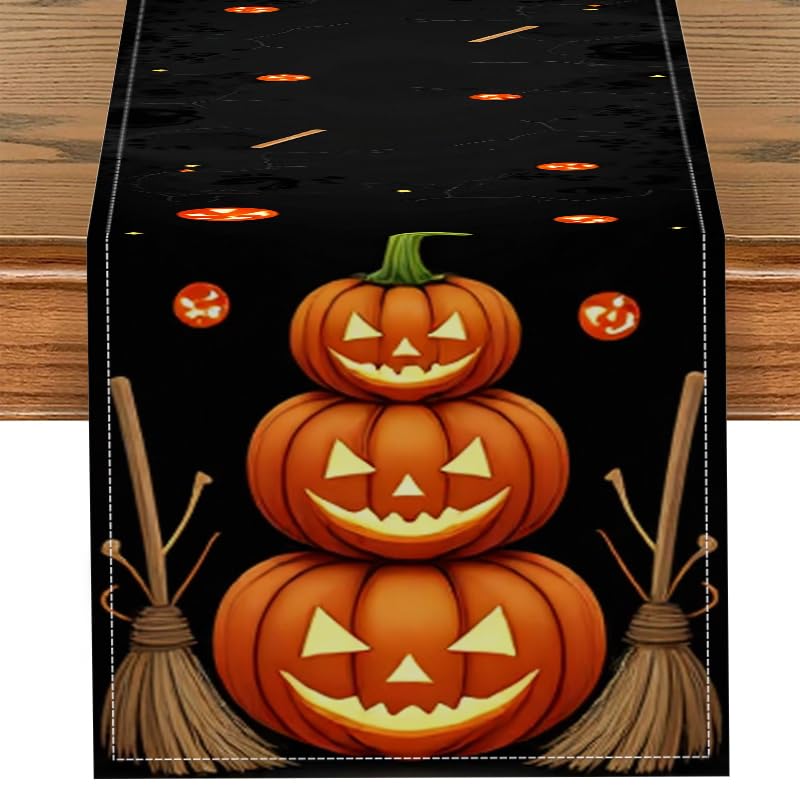 Halloween Table Runner - Stacked Jack-O'-Lantern Pumpkins with Witch Broom Design, 13x72 Inch, Fall Home Decor - Pumpkin & Broom Variation