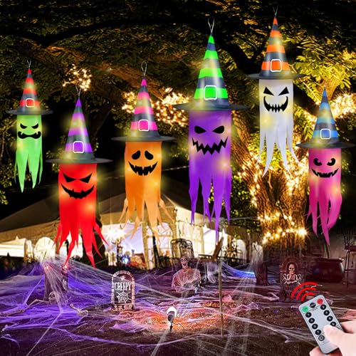 Halloween Hanging Ghost Decorations with Lights - Outdoor Indoor Decor Set 6 pcs