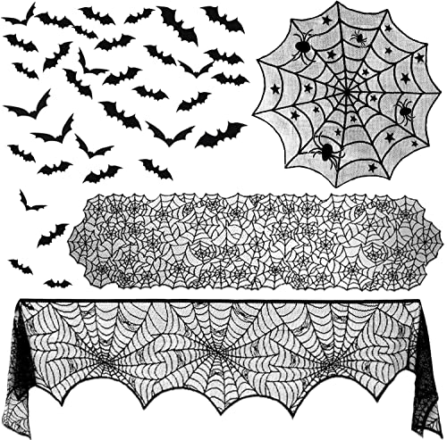 Halloween Decorations Set with Spider Web Tablecloths and Bat Wall Stickers