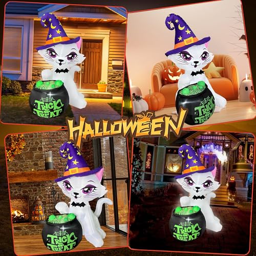 5FT Halloween Inflatable Cat with Witch Cauldron Yard Decor with LED Lights