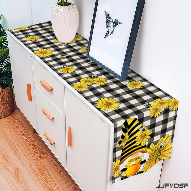Bee Gnome Table Runner with Sunflower Design - Rustic Farmhouse Kitchen Decor, 13x72 Inch (Sunflower Bee Gnome)