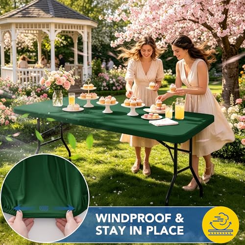 Fitted 8ft Rectangle Tablecloth with Elastic Edges - Hunter Green, 30 x 96 Inches, 6 Pack