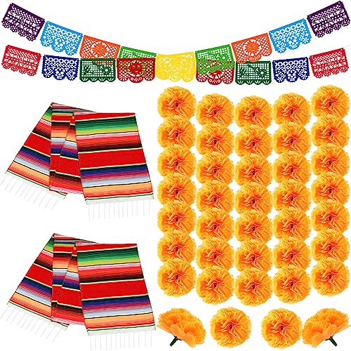 Day of the Dead Decoration Set with Faux Marigolds, Papel Picado Banners & Table Runners