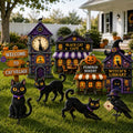Halloween Yard Signs Outdoor Decorations Set - Black Cat Village Scene, 12 Pcs