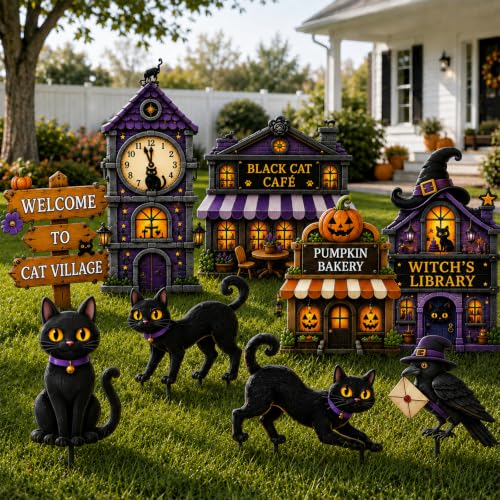 Halloween Yard Signs Outdoor Decorations Set - Black Cat Village Scene, 12 Pcs