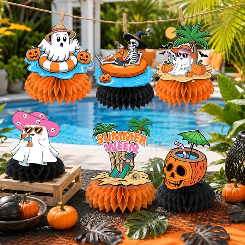 Summerween Halloween Honeycomb Centerpieces - 12 Pack, Pumpkin Ghost Skull Decor