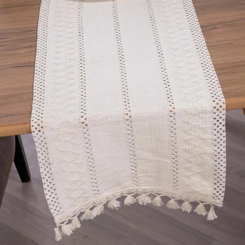 Cream Macrame Style Cotton Table Runner - Rustic 60 Inch Dining Decor - Handmade Farmhouse Look
