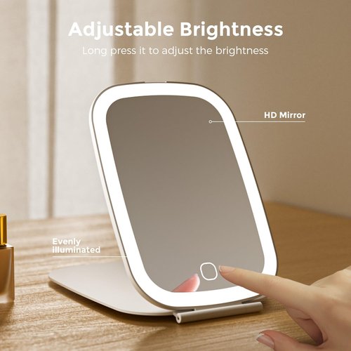 NEZZOE Travel Mirror with LED Light, Rechargeable Portable Lighted Makeup Mirror, 3 Lighting Modes Dimmable Touch Control, Foldable Compact Vanity Mirror for Travel Tabletop, 7x5 Inch