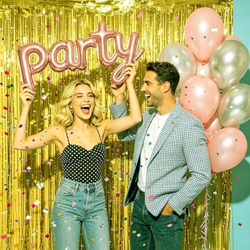 Gold Tinsel Foil Fringe Curtains - 2 Pack, 3.28 ft x 6.6 ft Party Backdrop