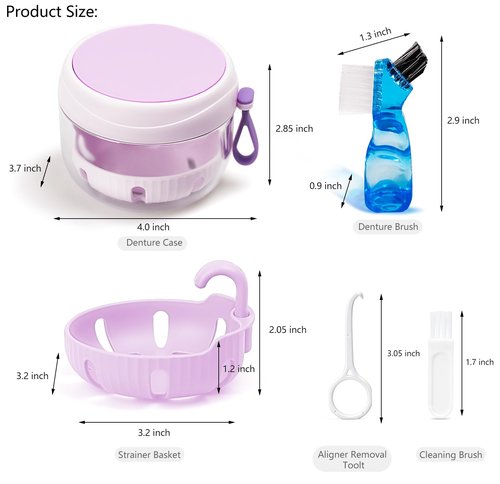Denture Case with Strainer and Mirror, Leak Proof Denture Bath Cup for Travel, Purple Denture Container Cups for Soaking Full & Partial Dentures, Retainers with Denture Brush, Aligner Removal Tool