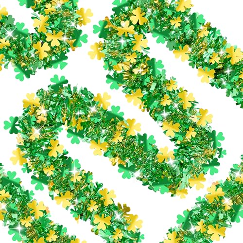 Gold Green Shamrock Tinsel Garland - 66FT St Patrick's Day Decor, Shiny Metallic Streamer for Indoor Outdoor Irish Party Supplies - Variation of Gold Green