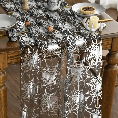 Black Silver Spider Web Gauze Table Runner 28x120 Inch Halloween Decor