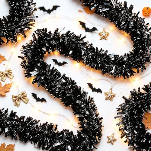 Black 33Ft Christmas Tinsel Garland Metallic Twist Decor for Indoor Outdoor Holiday