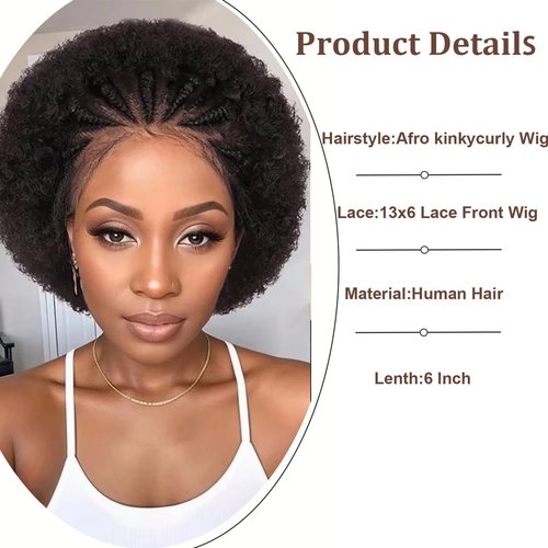 SODLIS Braided Wigs for Black Women 13x6 Lace Front Braideds Wigs Afro Puff Lace Frontal Hair Wig Afro KinkyCurly Human Hair Brazilian Curly Lace Front Wig 6 Inch