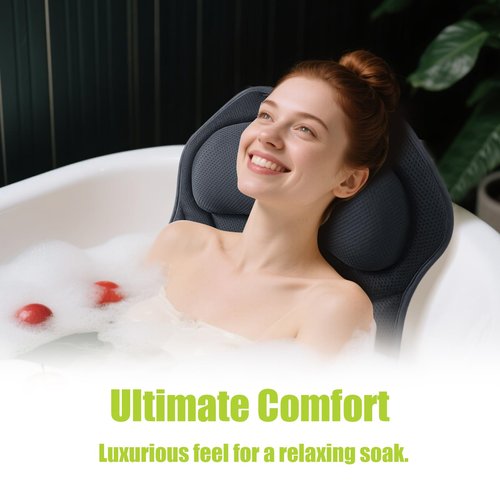 Bathland Full Body Bath Pillow for Tub - Extra Long & Thick Tub Pillow with Head, Back & Lumbar Support, 168 Non-Slip Suction Cups, Soft 5D Mesh Spa Cushion, Fits All Tubs-Gift for Soaking(Gray)