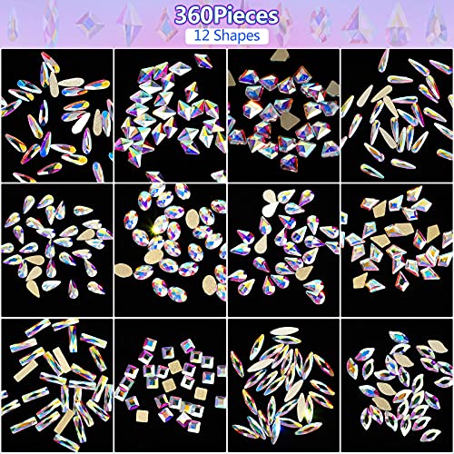 12 Styles 360 Pcs Rhinestones Nail Art Gems Multi Shapes Flat Back Crystals for DIY Nails