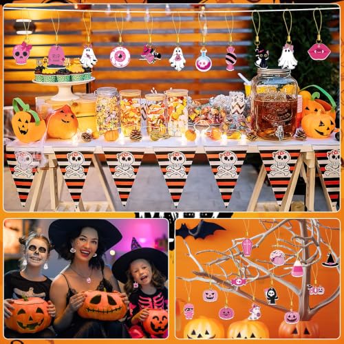 Pink Halloween Decorations Set - 36 Double-Sided Acrylic Hanging Ornaments with Gold Strings