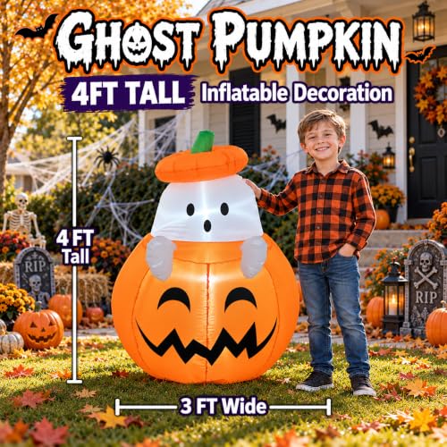 Inflatable Ghost Pumpkin Halloween Yard Decoration - 4ft Outdoor Blow Up Decor - Pumpkin Ghost Variation