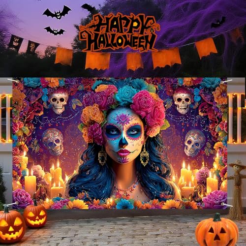 Halloween Banner 71x43 Inch Day of the Dead Sugar Skulls Backdrop - Variation 82