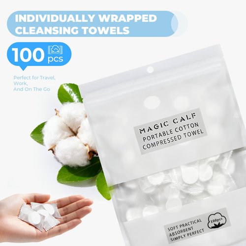 Classycoo Compressed Towel 100 PCS Mini Tablets Disposable Portable Face Towel Cotton Coin Tissue for Travel, Camping, Hiking, Sport, Beauty Salon, Home Hand Wipes and Other Outdoor Activities (White)