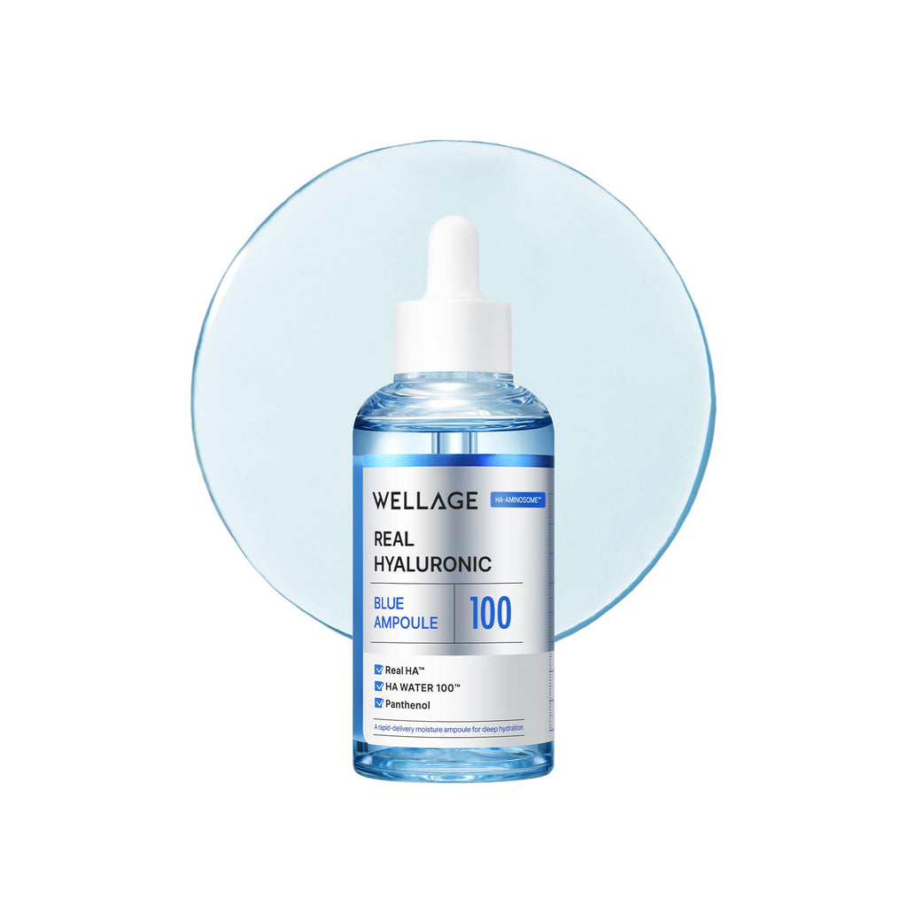 WELLAGE Real Hyaluronic Blue Ampoule 100, Korean Hydrating Serum for Face, Fragrance Free Hyaluronic Acid Deep Moisturizing Serum with Panthenol, PDRN for Sensitive Dry Skin Moisturizer, 2.54 Fl Oz_R