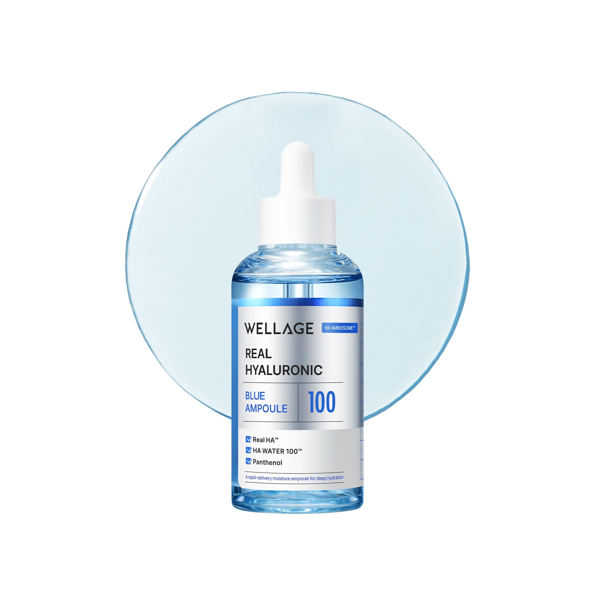 WELLAGE Real Hyaluronic Blue Ampoule 100, Korean Hydrating Serum for Face, Fragrance Free Hyaluronic Acid Deep Moisturizing Serum with Panthenol, PDRN for Sensitive Dry Skin Moisturizer, 2.54 Fl Oz_R