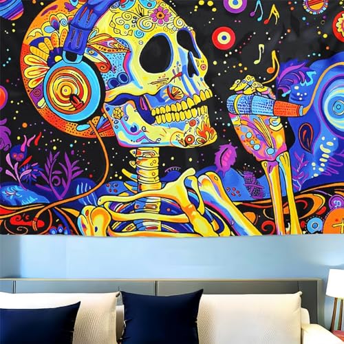 Blacklight Skull Tapestry - Space Skull Music Notes Fluorescent Wall Hanging - 90x60 Inch - Skeleton Variation 11