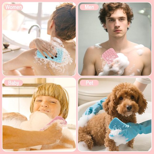 Silicone Body Scrubber, 2 in 1 Soft Silicone Loofah 2 Pack Exfoliating Body Scrubber Loofah for Women Men, Body Scrubber Shower Bath Shampoo Brush with Loop for Sensitive Skin Lather Well, Pink & Blue