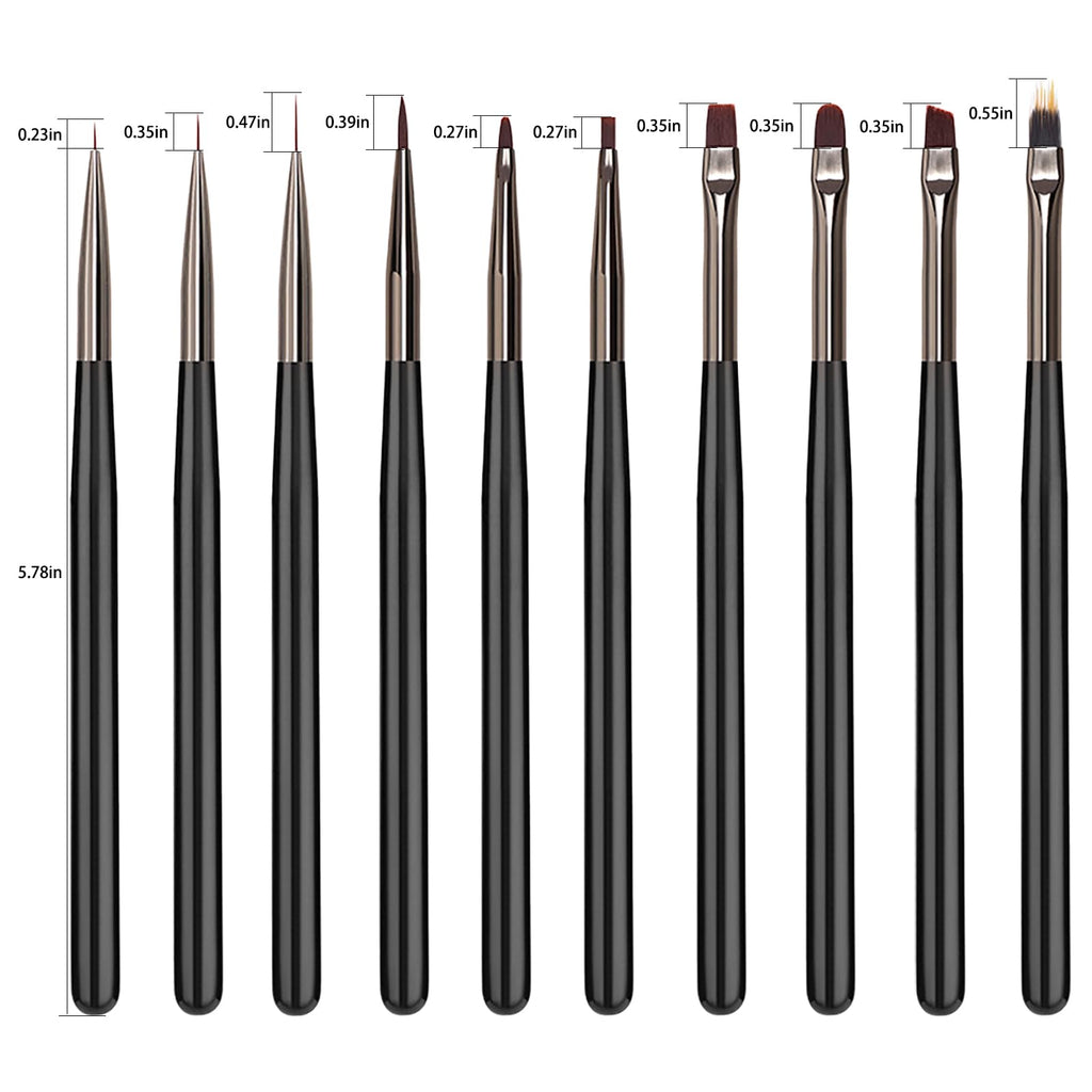 Wokoto Black Nail Art Brushes Set: 10pcs Acrylic Nail Brushes For Painting Tools - Gel, Polish & Dotting Pen