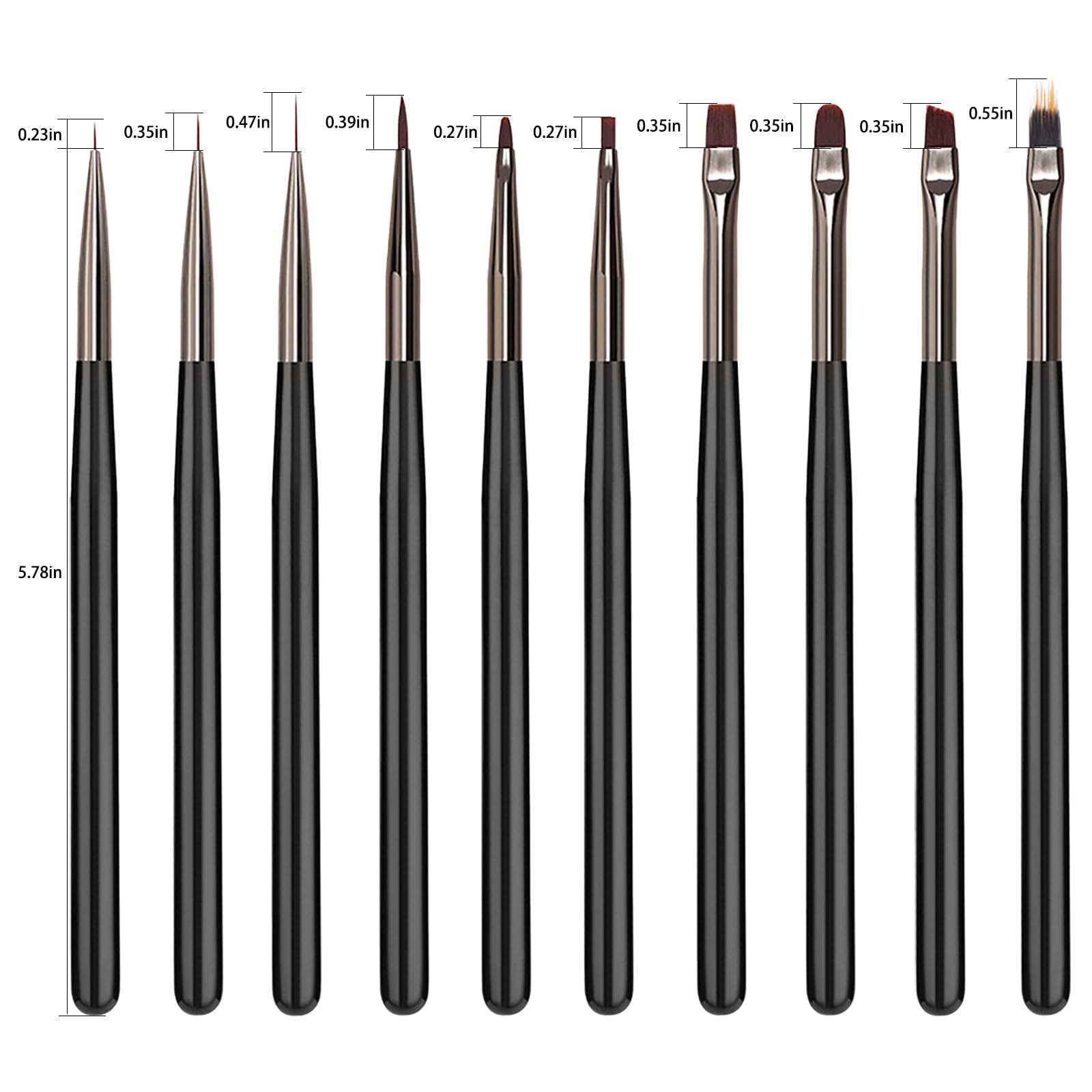 Wokoto Black Nail Art Brushes Set: 10pcs Acrylic Nail Brushes For Painting Tools - Gel, Polish & Dotting Pen