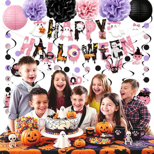 Halloween Paper Lanterns & Garland Decor Set - Pink Purple Black, 22pcs, Reusable