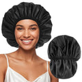 Extra Large Waterproof Shower Cap for Women, Double Layer Satin Lined Hair Bonnet for Curly Hair, Reusable Bath Cap with Elastic Edge for Long Thick Hair (Black)