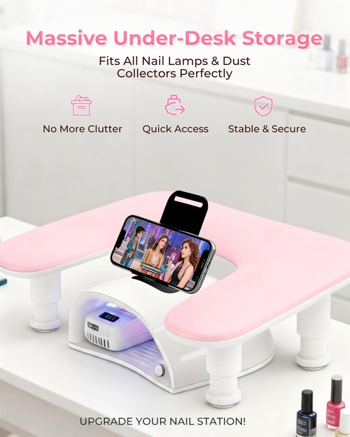Arm Rest for Nails Tech with Phone Holder,Adjustable Nail Hand Rest for Acrylic Nails,PU Leather-Pink