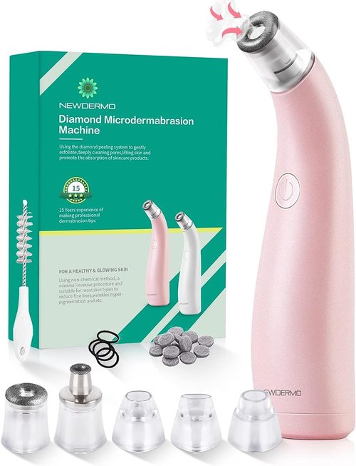 NEWDERMO Microdermabrasion Machine - 2-in-1 Diamond Facial Device | USB Rechargeable, Pink