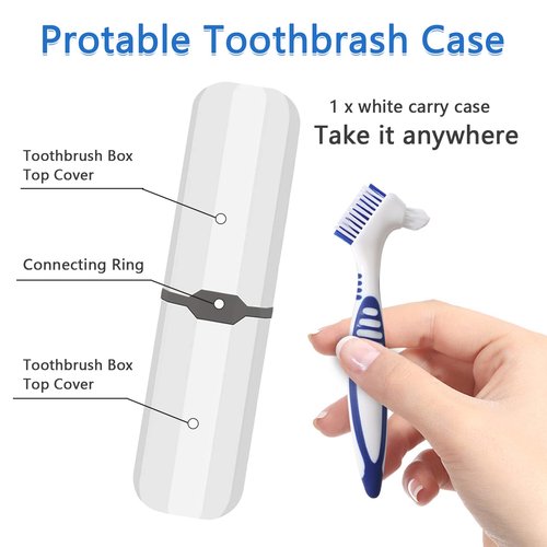 Geodurn Denture Brush, 2 Pieces False Teeth Toothbrush with White Carrying Case, Green and Purple Multi-Layered Bristles with Ergonomic Rubber Handle for Dentures Cleaning
