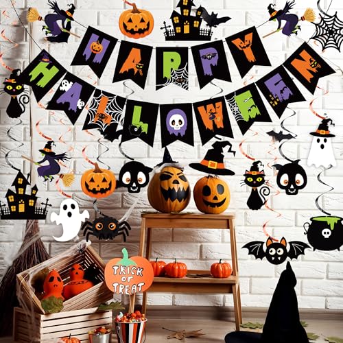 Halloween Party Decorations Banner & Hanging Swirls - Ghost Pumpkin Witches