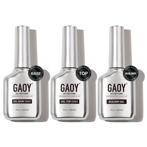 GAOY Gel Top Coat, Builder Gel and Base Coat Set, 3 Pcs 16ml Clear Glossy No Wipe Combination for UV Light Cure