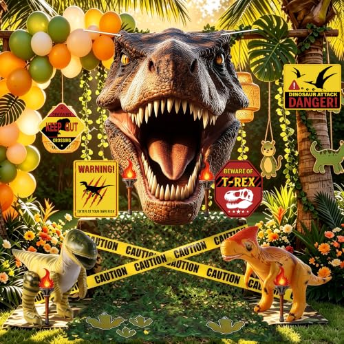 Halloween Dinosaur Trunk or Treat Car Decorations Set - 17 Pcs with Inflatable Dinosaurs & Warning Tape