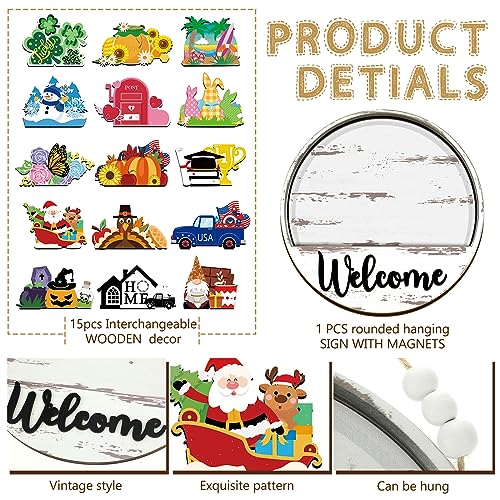Interchangeable Welcome Sign with Seasonal Patterns - White Wooden Front Door Decor