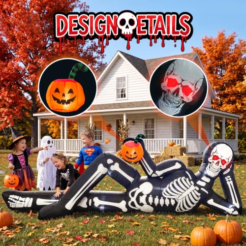 12FT Inflatable Halloween Skeleton Decoration with Glowing Red Eyes and Pumpkin Trunk