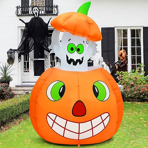 5 FT Halloween Inflatable Ghost and Pumpkin Yard Decor with LED Lights, Animated Outdoor Decoration