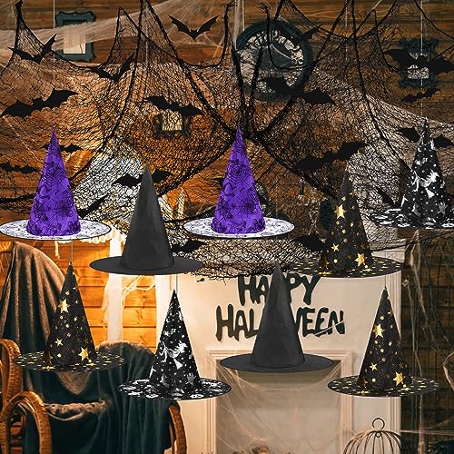 Halloween Witch Hat Decorations Set - 16 Hats 36 Bats 30 Spiders for Spooky Party Decor